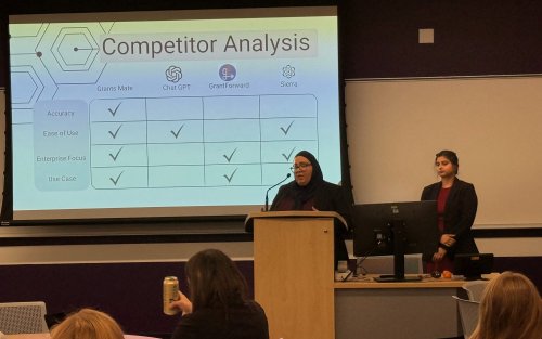 Two students stand at the front of a college classroom and present a slide with the title Competitor Analysis.