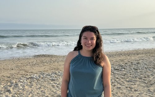 A woman stands on the beach, gazing at the ocean under a clear blue sky. 