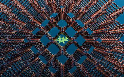 Computer rendering of a metal-organic framework. The image features a lattice of brown rods and blue nodes, arranged in a 3D crosshair pattern. In the center is a shape made of green rods and green nodes in a cluster, trapped in a central square. 