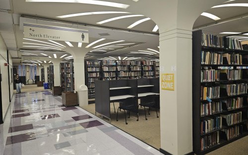 The University Library's stacks of books in the Quiet Zone, near the North Elevator.