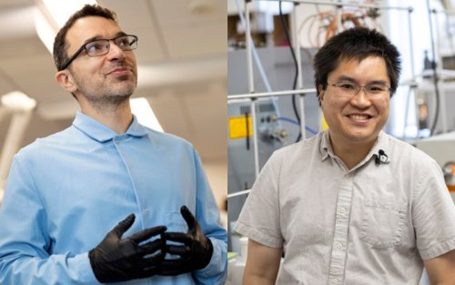 Side-by-side photos of two men in chemistry labs -- one in a blue lab coat with black gloves, the other in tan short-sleeved short and eyeglasses.