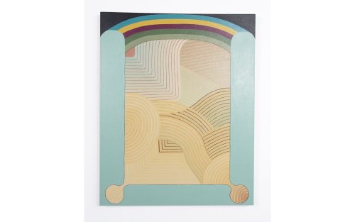 An abstract art piece, light blues and soft beige graphics with a sylized, softly colored rainbow.