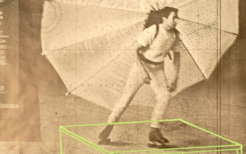 A printed sepia-tone image of a person with an open umbrella on their back.