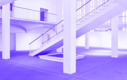 The museum space in a purple tint.