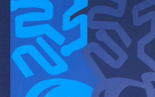 Abstract graphical shapes in varying shades of blue.