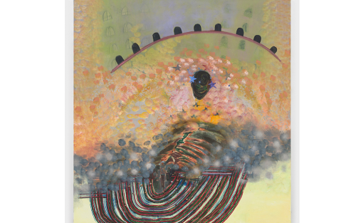 An abstract painting. Red, black, gray, pink, yellow and green tones cover the canvas in varying shapes with arches and stars.