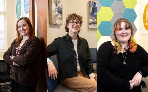 Composite image consisting of three individual portraits of young people smiling while posing indoors.