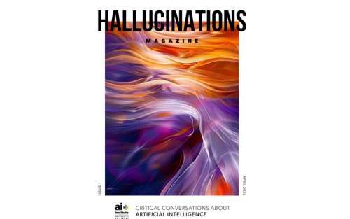 The cover of the first issue of Hallucinations magazine. The magazine name runs along the top of the page. The AI Plus logo and the words "Critical conversations about artificial intelligence" run along the bottom. In the center is an abstract art piece that looks like orange and purple waves.