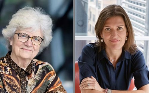 A composite of two headshot photos, the first of Nancy Hopkins and the second of Kate Zernike.