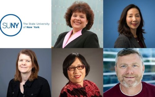 The SUNY logo and headshots of of five UAlbany faculty members