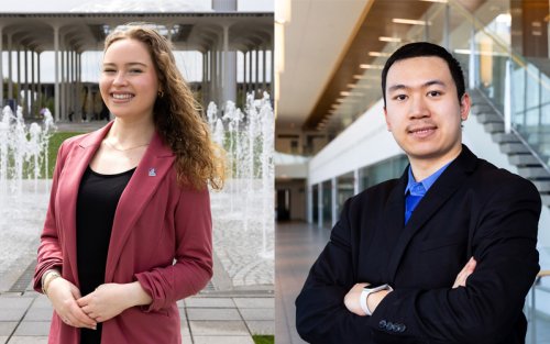 On the left, a portrait of UAlbany student Sophie Coker as she stands in front of the entry plaza fountain. And on the right, a portrait of UAlbany student Addison Yang inside of the Massry School of Business building.