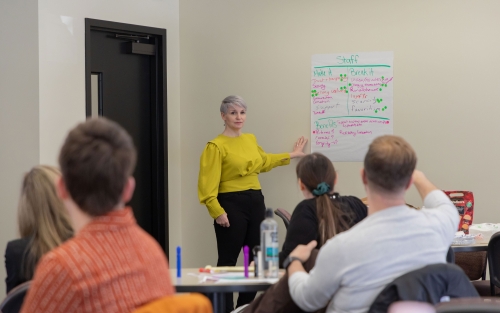 An instructor speaks to a classroom full of students, pointing to a large piece of paper with information on the wall.