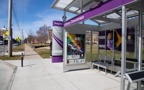 A purple CDTA bus shelter displaying “UAlbany Downtown” and “Unleash Greatness” signage, with metal seating beneath the covered glass structure.