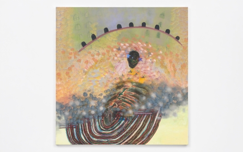 Painting on canvas with yellow tones and a figure