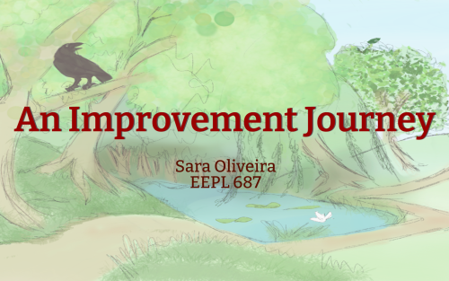 drawing of green trees and pond, dirt path, and text An Improvement Journey Sara Oliveira EEPL 687