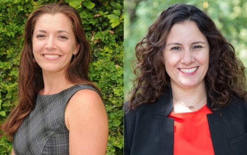 side by side photos of Leah Durán smiling with long red reddish hair and gray sleeveless top and Lucía Cárdenas Curiel smiling with long curly brown hair with red top and black jacket