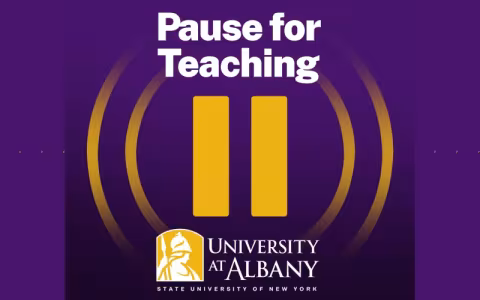 Purple and gold "Pause for Teaching" podcast logo