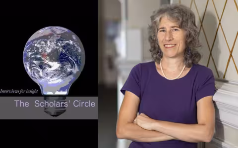 A light bulb with an image of Earth under swirling clouds and the words "The Scholar's Circle" next to a photo of a woman with crossed arms wearing a purple T-shirt and pearls.