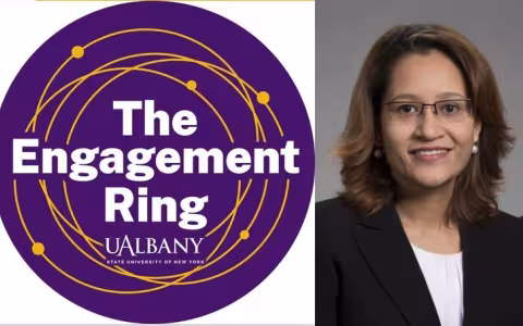 round purple logo reading "The Engagement Ring UAlbany" next to a headshot of a woman in glasses and a black jacket
