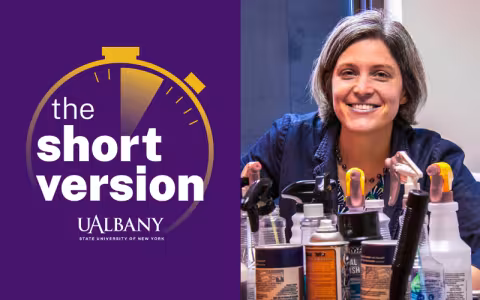 A split image with a purple rectangle on the left containing the gold outline of a stopwatch and the words "the short version" with a photo on the right of a smiling woman in a blue shirt with cleaning products in the foreground.