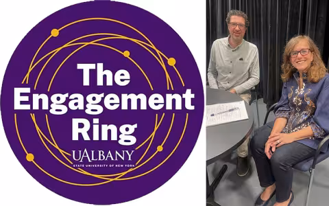 Dr. Mila Gascó-Hernández and Dr. Hany Elgala, associate directors of UAlbany’s AI &amp; Society College sitting together at a table for the podcast.