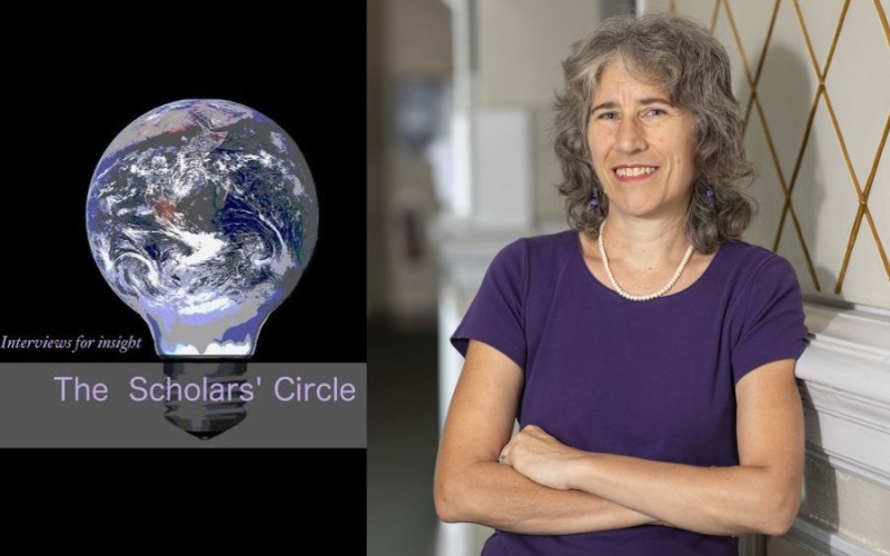 A light bulb with an image of Earth under swirling clouds and the words "The Scholar's Circle" next to a photo of a woman with crossed arms wearing a purple T-shirt and pearls.