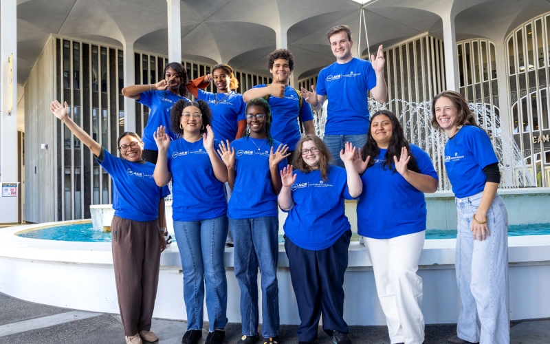 ACE students stand in front of UAlbany's Campus Center fountain
