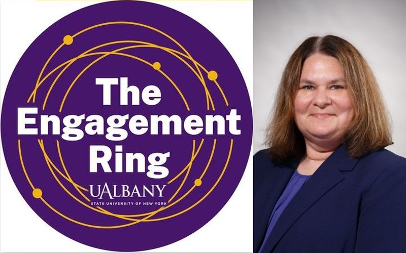 purple logo reading "The Engagement Ring UAlbany" next to headshot of woman in blue blazer