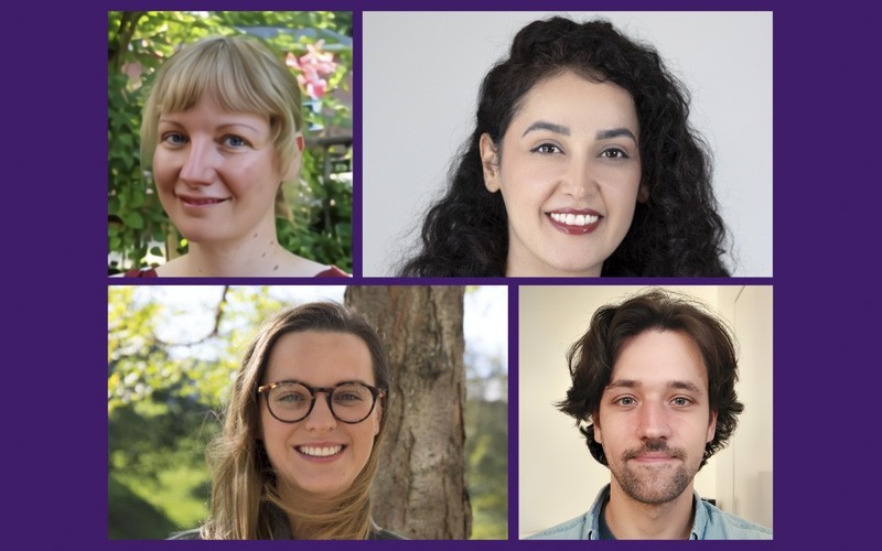 A four-photo collage against a purple background consisting of four smiling people facing the camera.