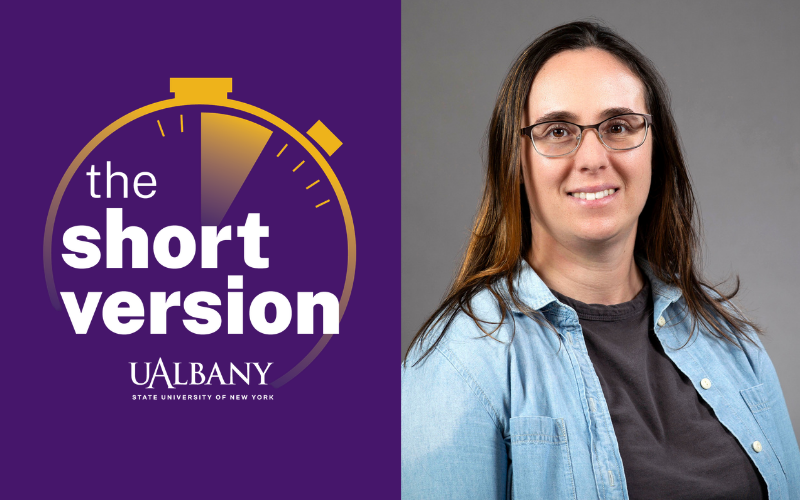 A split image with the left side including the words "The Short Version" in white text against a purple background and the right side including a smiling portrait of a woman wearing glasses and a light blue button-down shirt.