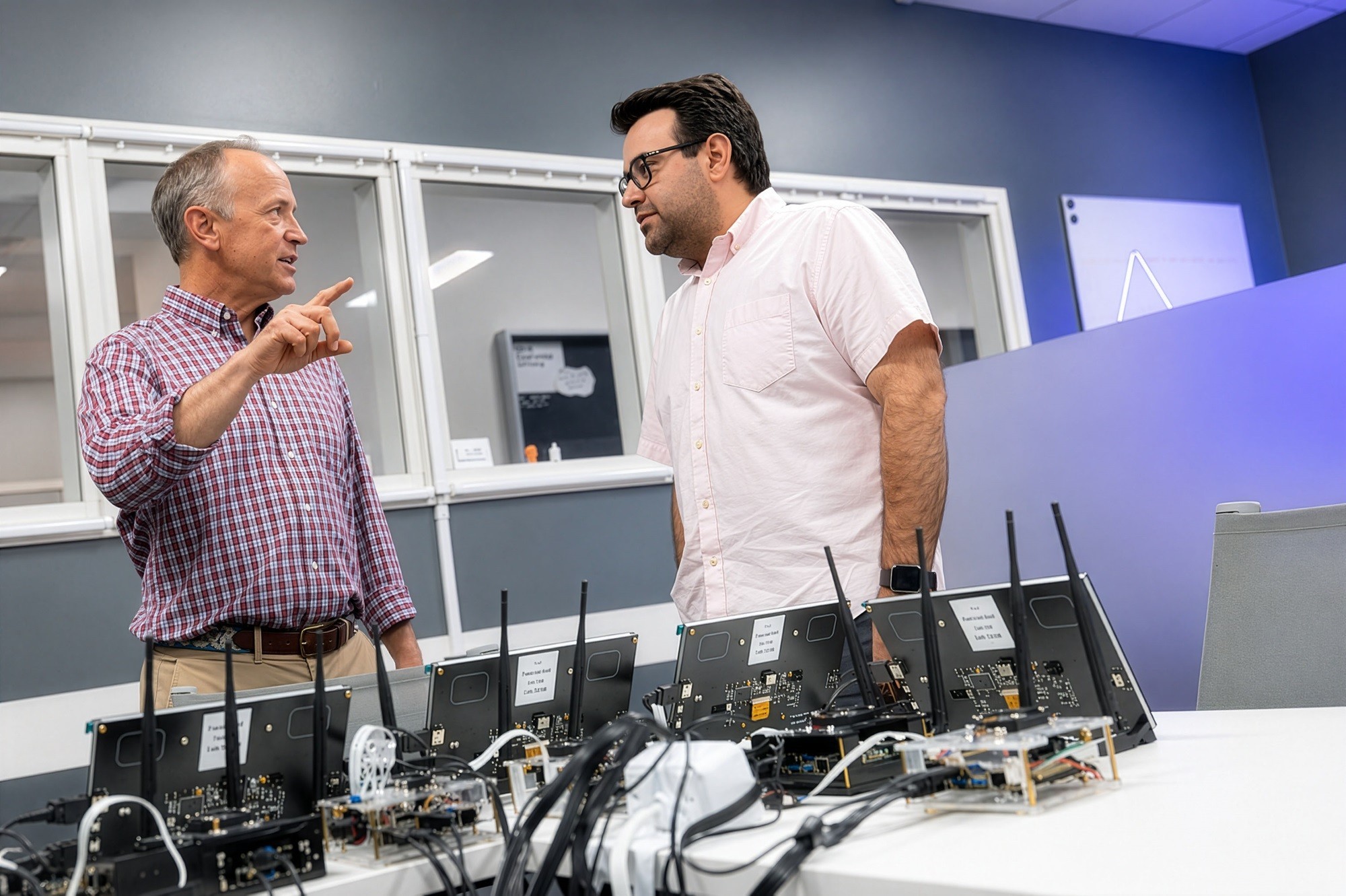 Andy Berglund and Abdullah Canbaz chat inside the AI in Complex Systems Laboratory.