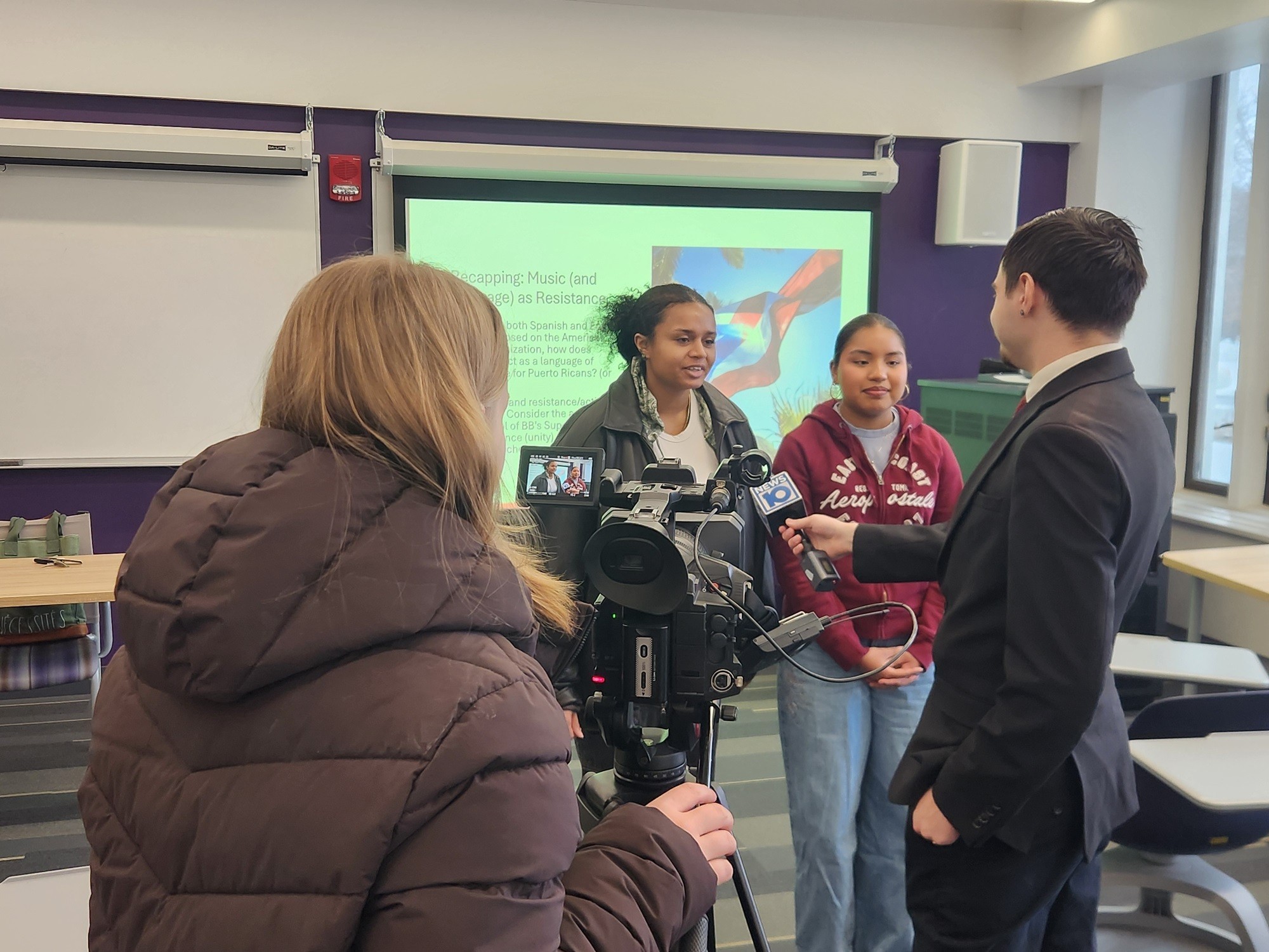 Anthony Krolikowski of WTEN interviews students from a classroom inside the Catskill building.