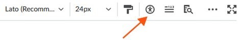 A screenshot of the toolbar in the rich text editor in Brightspace with a red arrow pointing to the accessibility checker tool