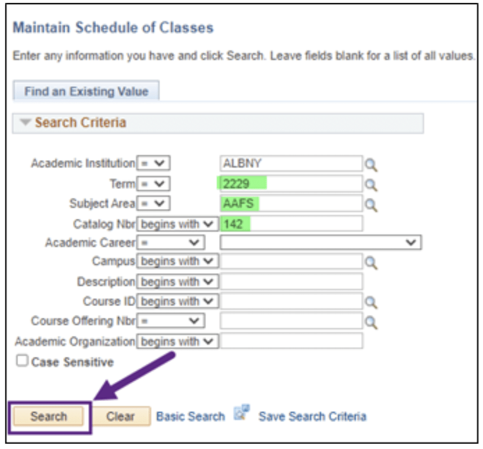 A screenshot of the PeopleSoft page, showing the actions described above in Step 3.