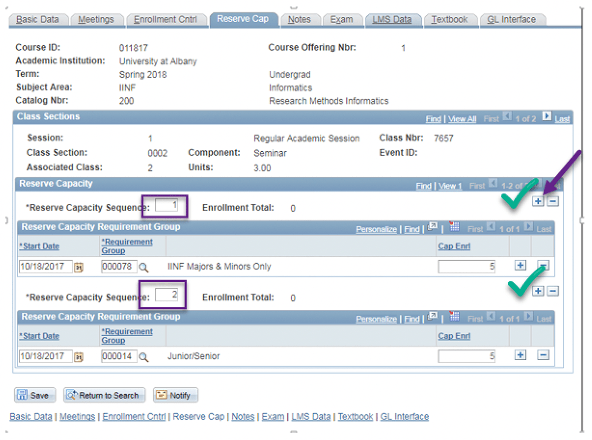 A screenshot of the PeopleSoft page, showing how to ensure each serve has its own Reserve Capacity Sequence Number.