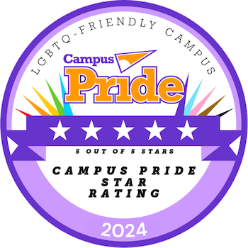 A white and purple logo reads "Campus Pride LGBTQ-Friendly Campus 5 out of 5 stars"