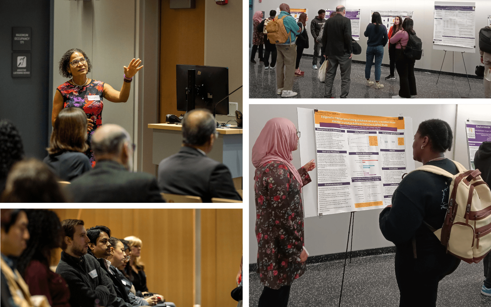 Composite image featuring four photos including: a woman in a floral print dress speaking in front of a group, nine people gathered around four posters pinned to display easels, two people standing next to one poster pinned to a display easel, and a row of seated people listening to a speaker who is out of the frame.  