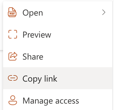 A screenshot of the menu of options for a document hosted on a SharePoint for Web Documents, with the Copy Link option selected, as described in the text immediately above this image.