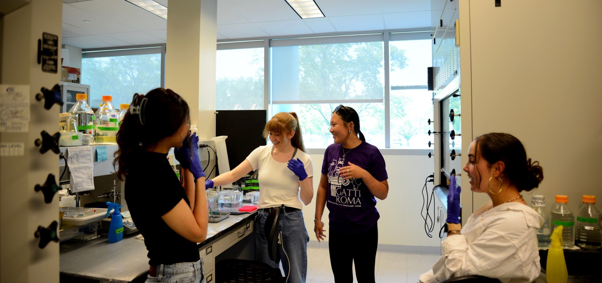 Four student researchers laugh as someone photographs them working inside the Niu Research Laboratory.