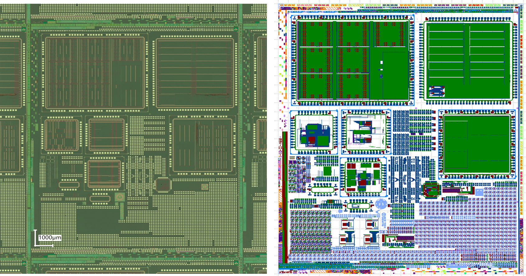 Image showing a completed microchip containing resistive random access memory and CMOS, as well as a schematic of the chip design in a second panel.