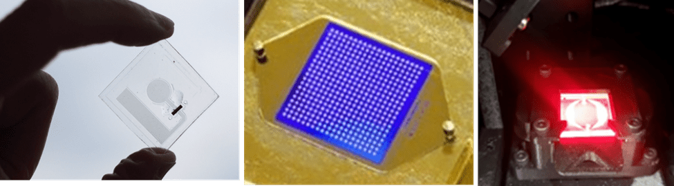 Three panel image of a microfluidic biosensor in panel 1, a close-up image of a plasmonic biosensor chip with microarray spots in panel 2, and an image of the plasmonic chip being illuminated by a laser in panel 3. 