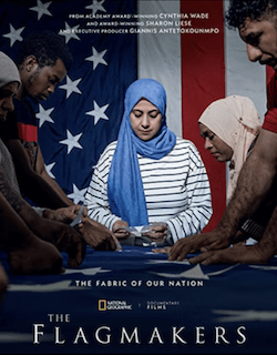 Film poster for "The Flagmakers" featuring a woman in head scarves and men in front of an American flag