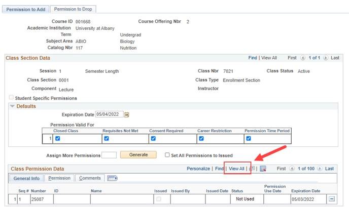 A screenshot of the PeopleSoft page, showing the actions described above in Step 10.