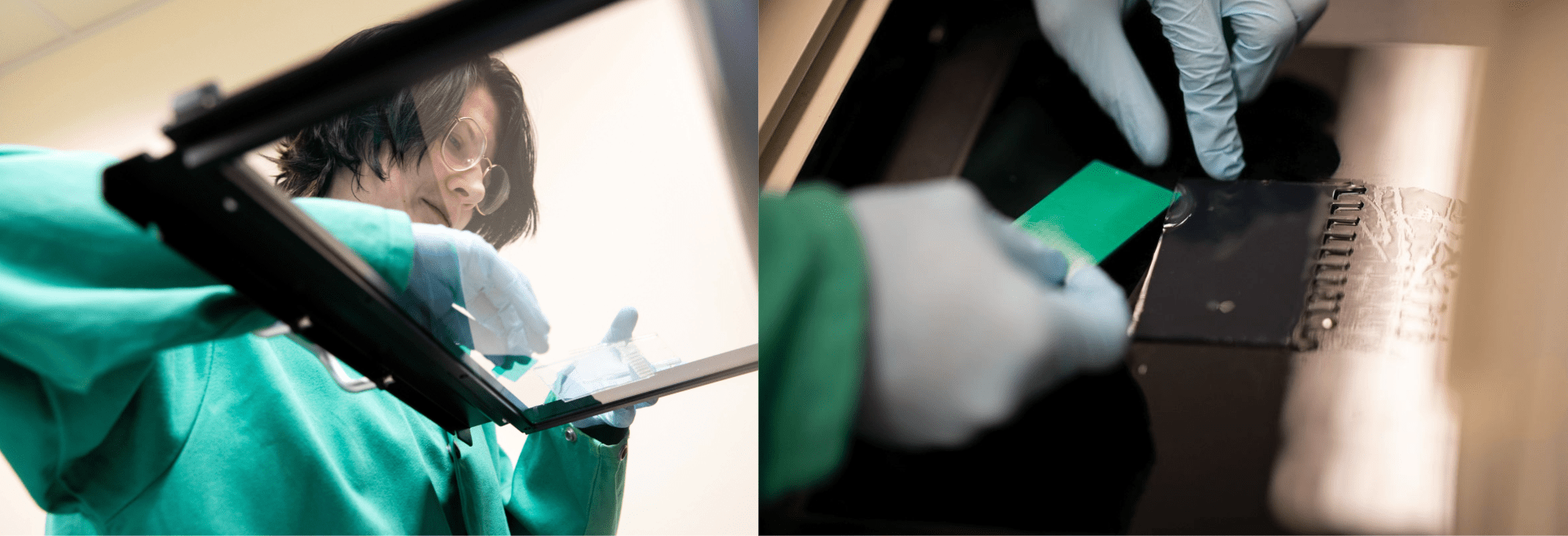 Composite image. At left, PhD student Hannah Talbot, who has short dark hair and is wearing glasses, gloves and a green lab coat, places a clear gel on a clear glass tray. At right is a close up of the rectangular gel on the tray, prepared for imaging.