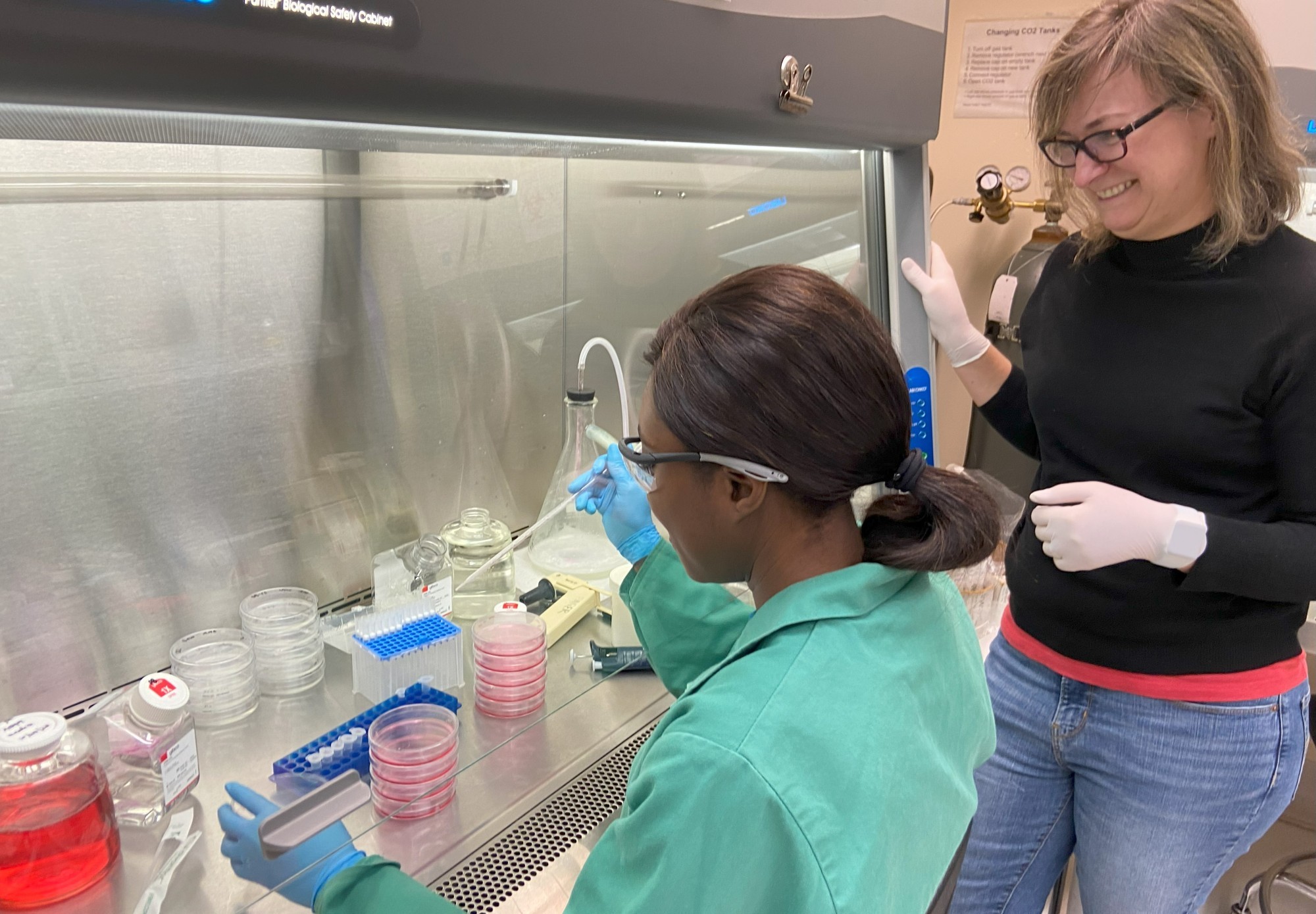 Image depicts two women in a brightly lit lab. One is seated at a lab bench, wearing green PPE and working with a stack of petri dishes and a pipette. The other, wearing glasses, latex gloves and a black sweater, stands next to her, smiling. 