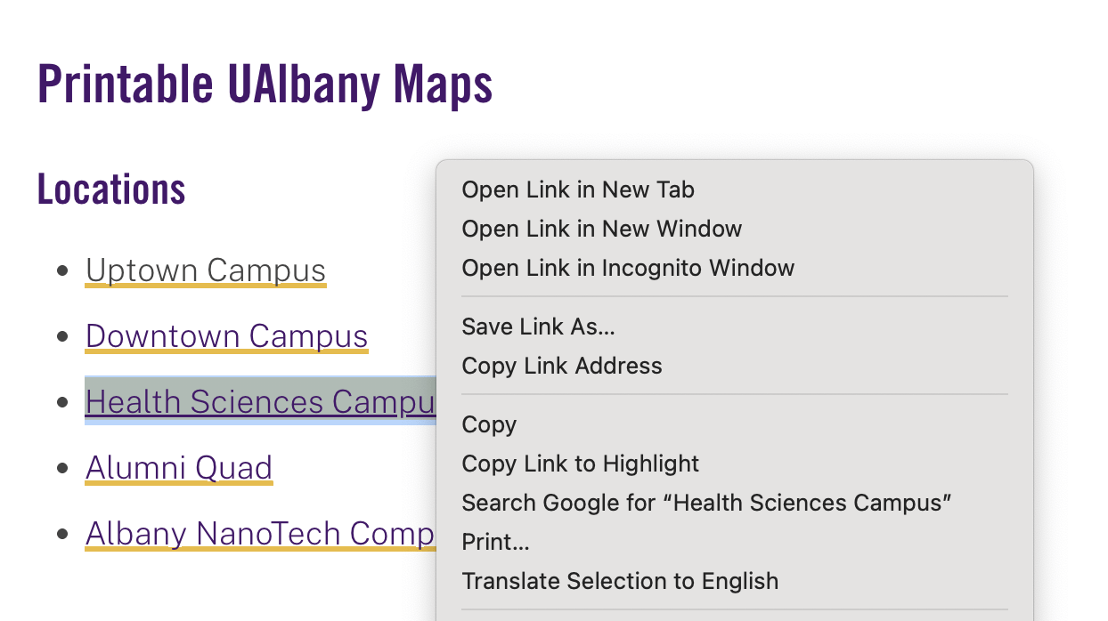 A screenshot of the UAlbany Campus Maps and Directions webpage, with one of the document links selected and the Google Chrome menu of options visible, including the Open Link in Incognito Window option.