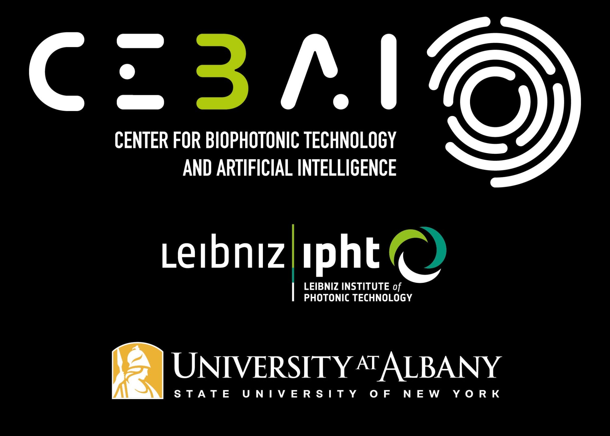 Logos for three entities: the Center for Biophotonic Technology and Artificial Intelligence (CeBAI), the Leibniz Institute of Photonic Technology and the University at Albany, State University of New York.