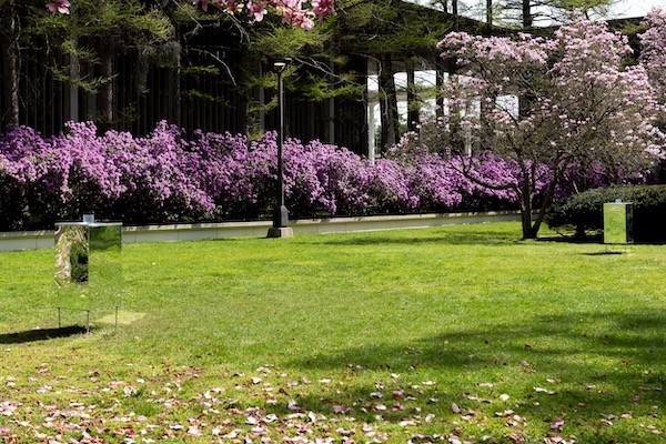 An art installation on the UAlbany campus features rectangular colums covered in plexiglass mirrors.