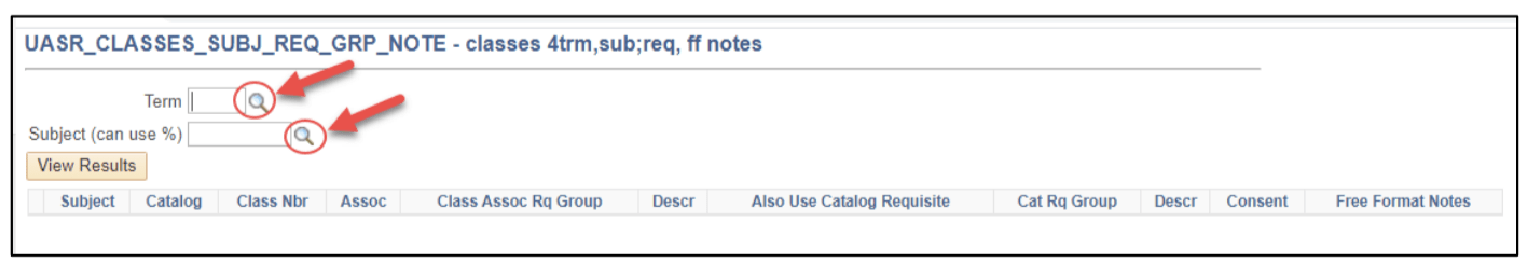 A screenshot of the PeopleSoft page showing how to use the magnifying glasses, as described above.