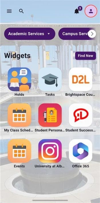 A screenshot of icons on a mobile phone labeled holds, tasks, brightspace courses, class schedules and more.